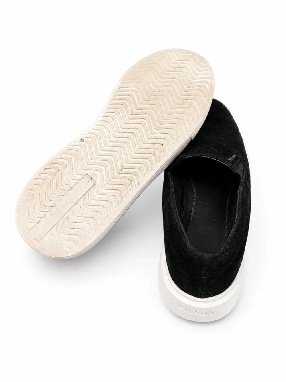 Prada Black Suede Platform Slip-On Sneakers EU 40 White Sole Designer Shoes